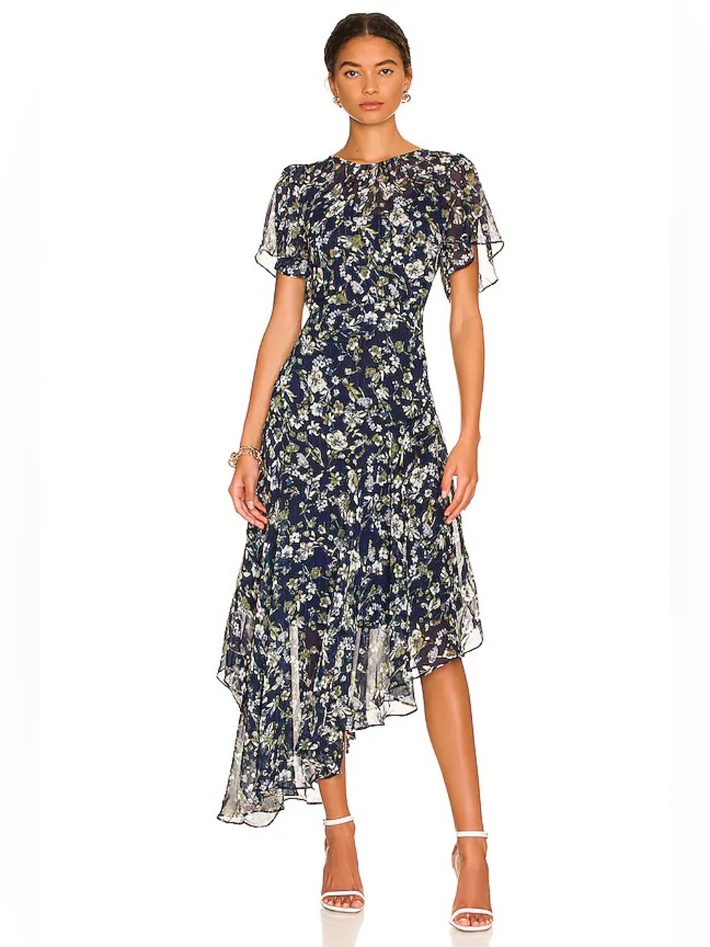 ASTR The Label Flutter Sleeve Floral Asymmetric Maxi Dress Size Small Blue Green